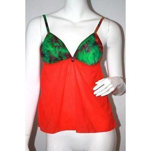 $120 AMULETTE Lingerie CAMISOLE Coral GREEN Bra Print TOP Sleepwear ( M )